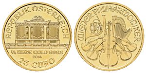 1/4 oz  Wiener Philharmoniker 25 Euro 2014 Münze Österreich zlatá mince