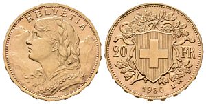 20 Frank 1930 B, KM.35.1 - Vreneli, Helvetia Švýcarsko - zlatá mince