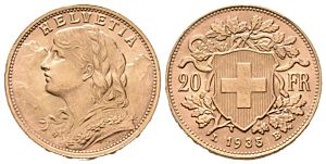 20 Frank 1935 L-B, KM.35.1 - Vreneli, Helvetia Švýcarsko - zlatá mince